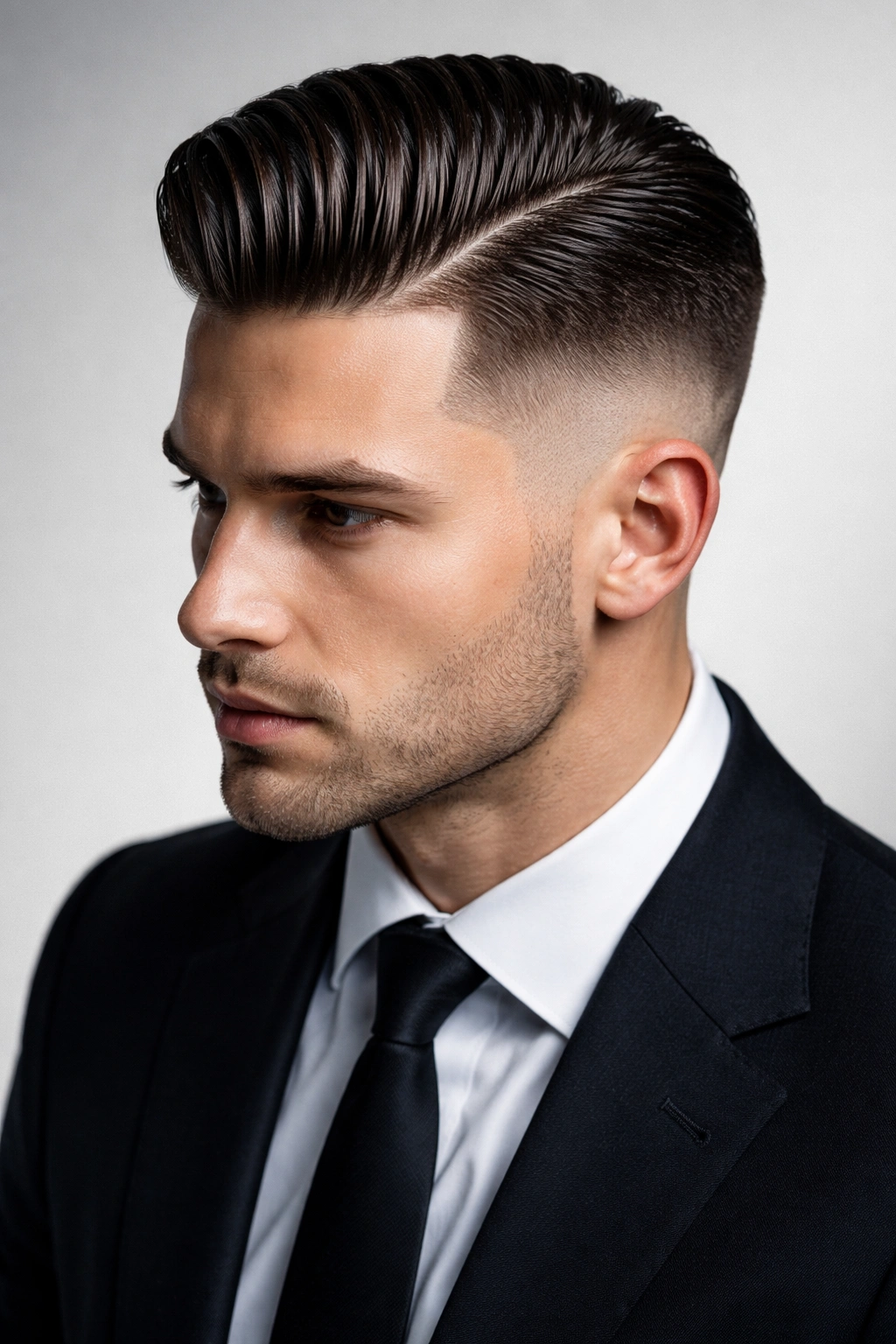 Close-up of a man with a slicked-back undercut showing a defined line and a shiny, combed-back top