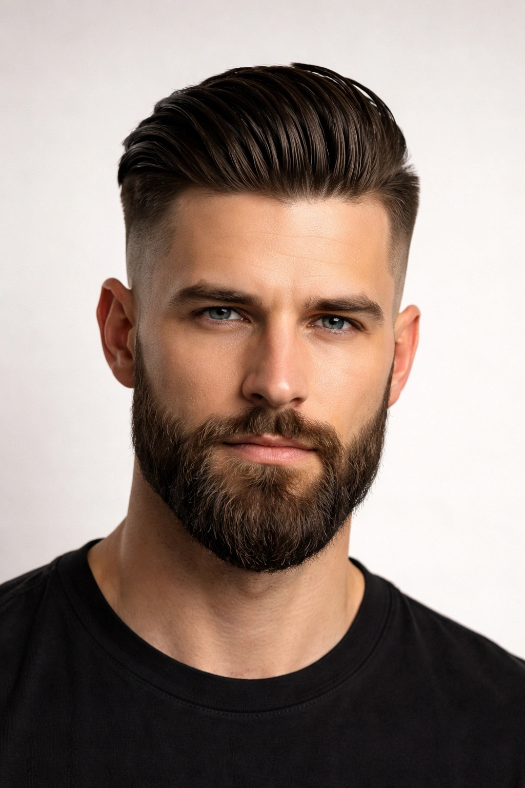 Portrait of a man with slicked-back hair and full beard showing cohesive look