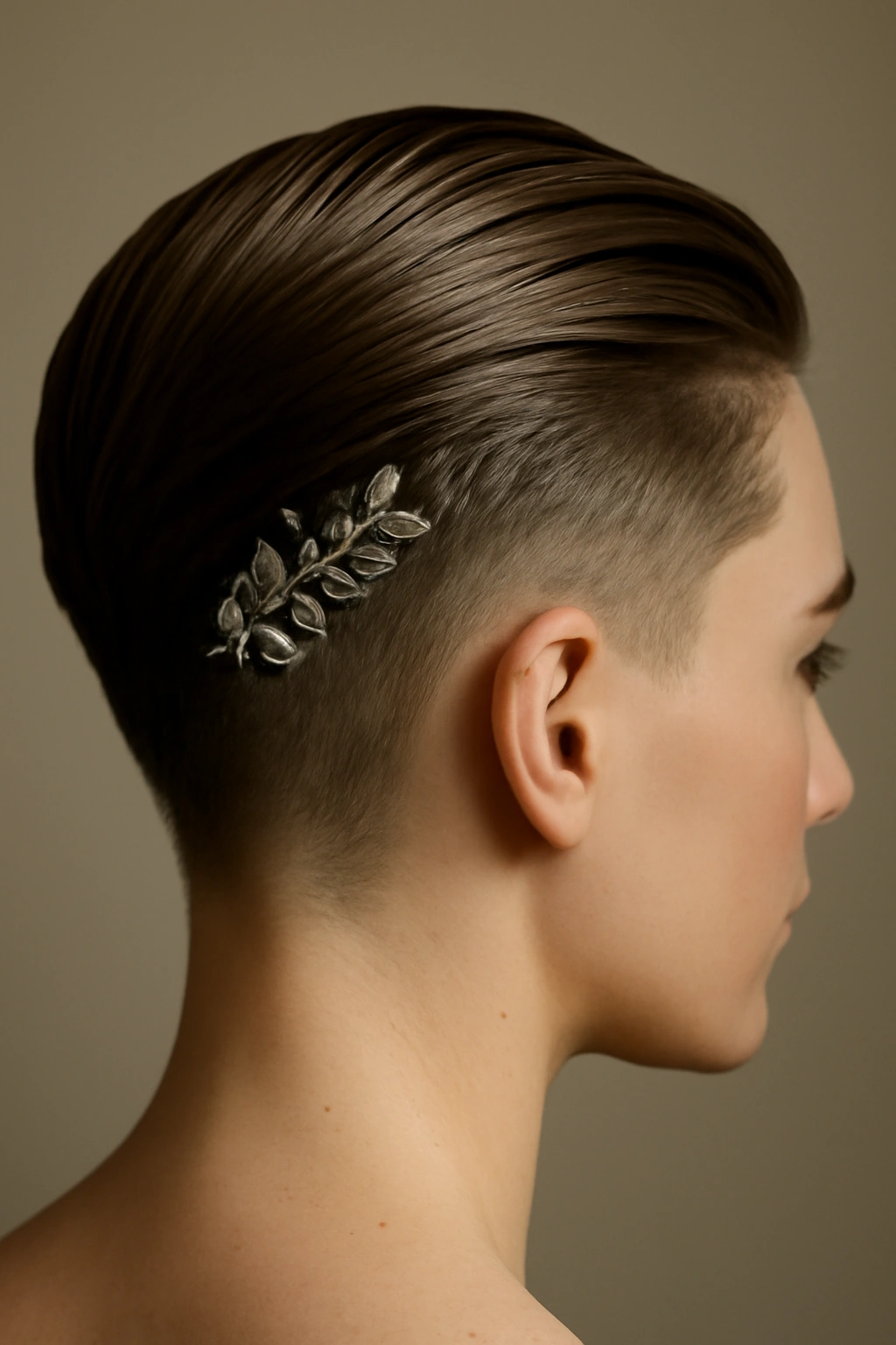 15 Wedding Hairstyles That Look Great on Short Hair 5 Slicked-back undercut with decorative clip showcasing the cut