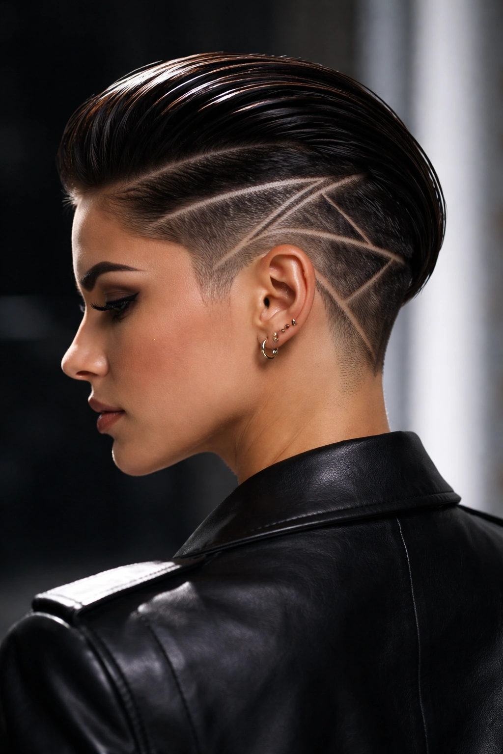 Slicked-back undercut with geometric shaved designs visible on the sides