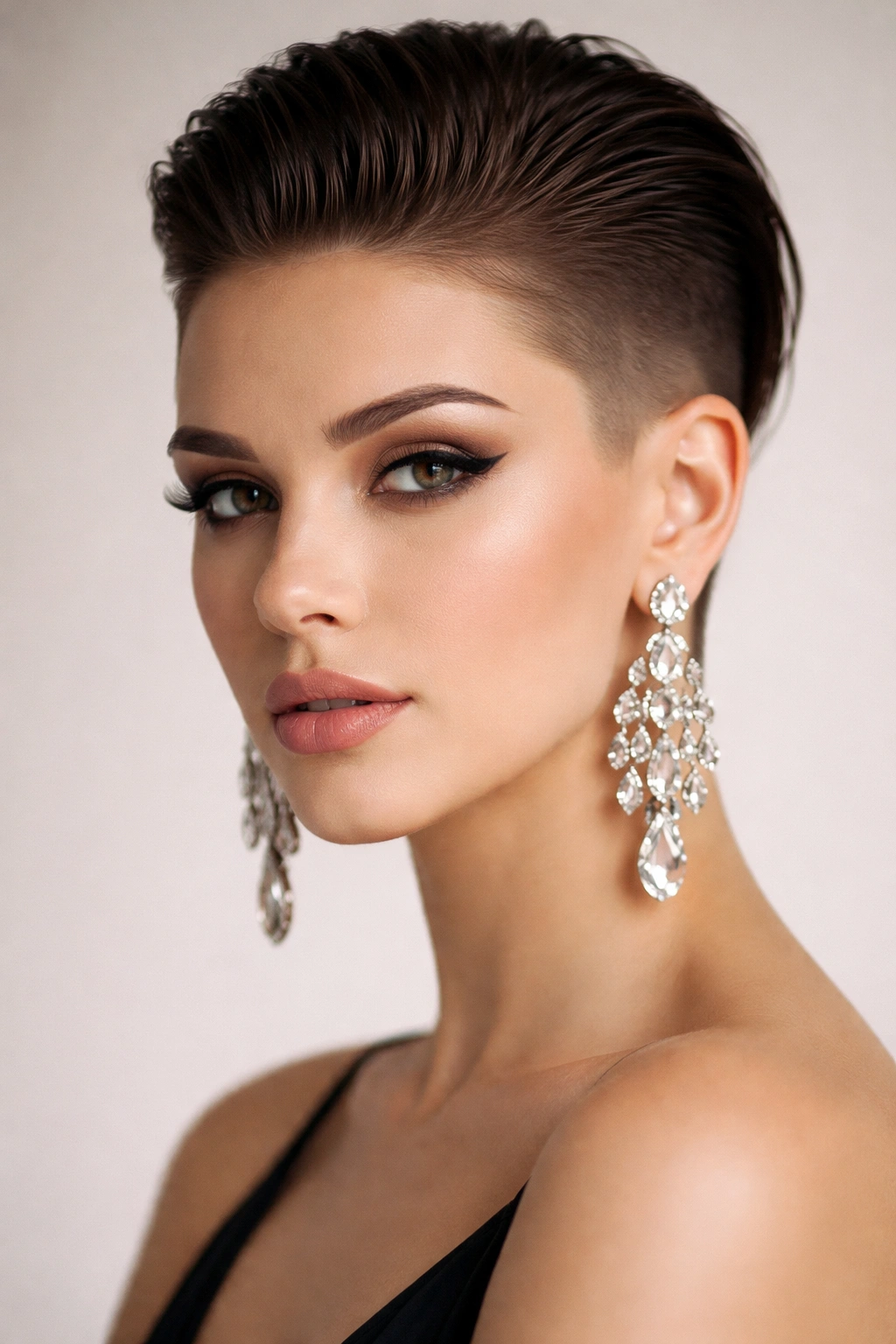 Slicked-back hair with undercut and bold earrings