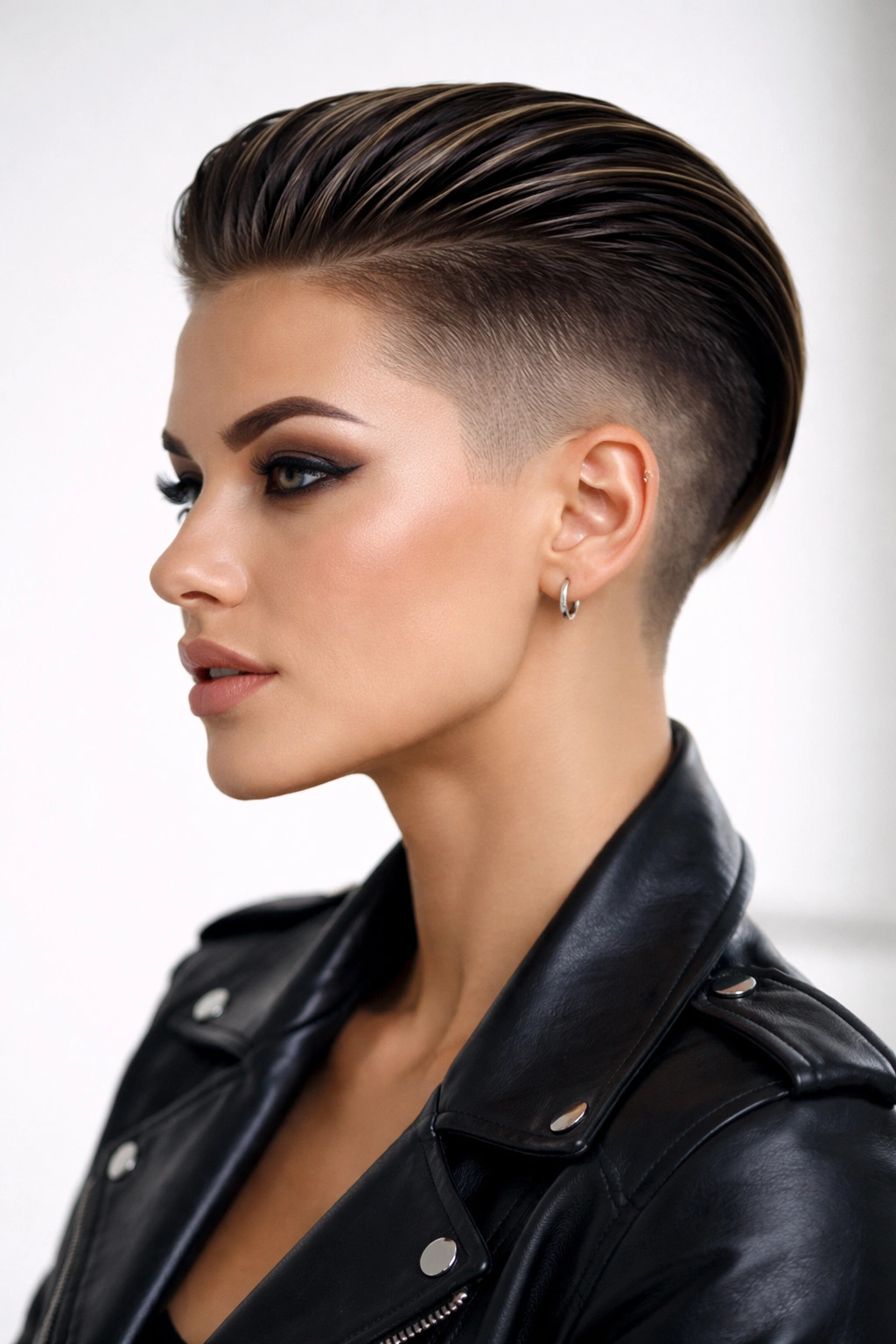Portrait of a hairstyle with a shaved undercut and a long top slicked back for a polished look