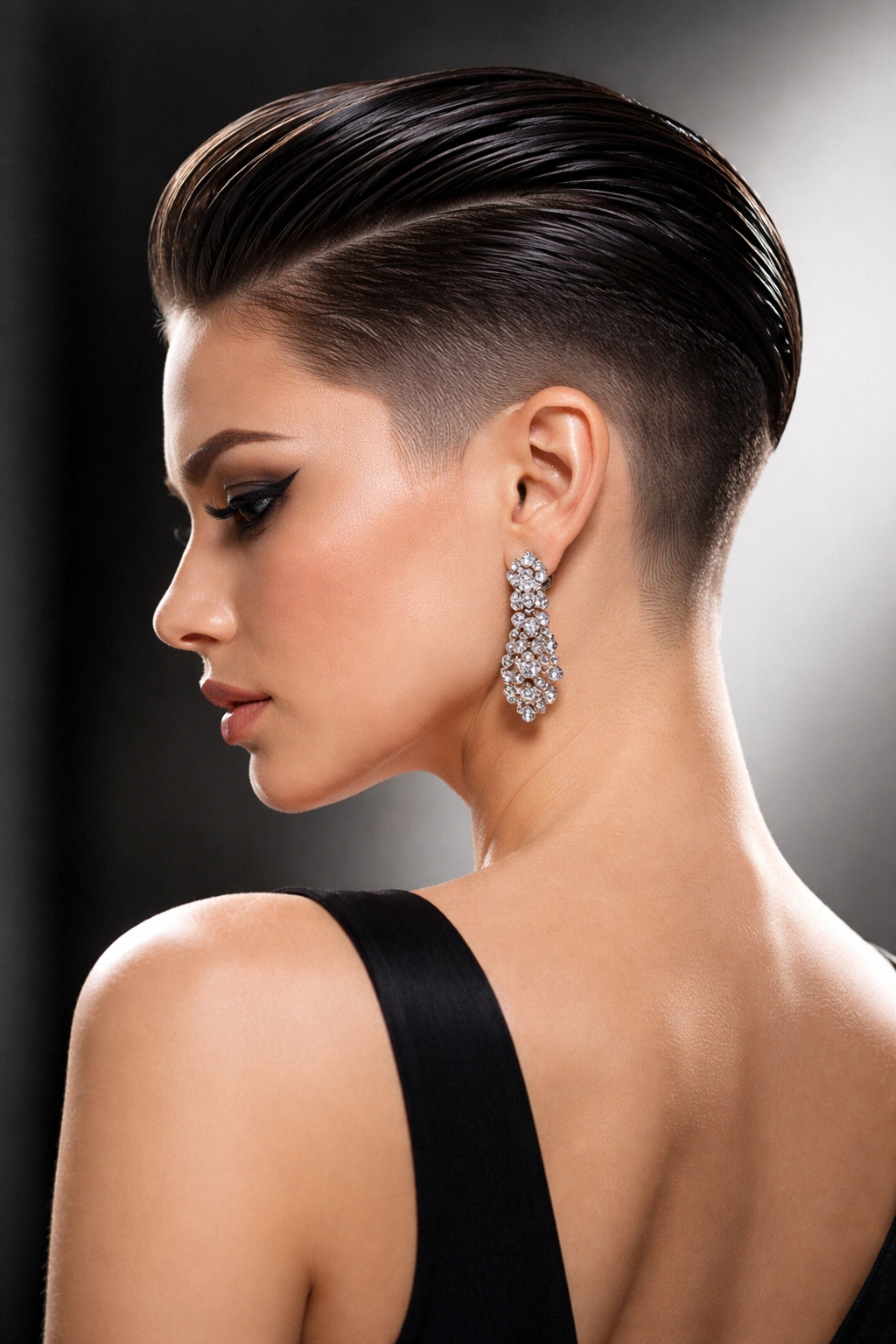 Slicked-back undercut with graphic line and glossy finish