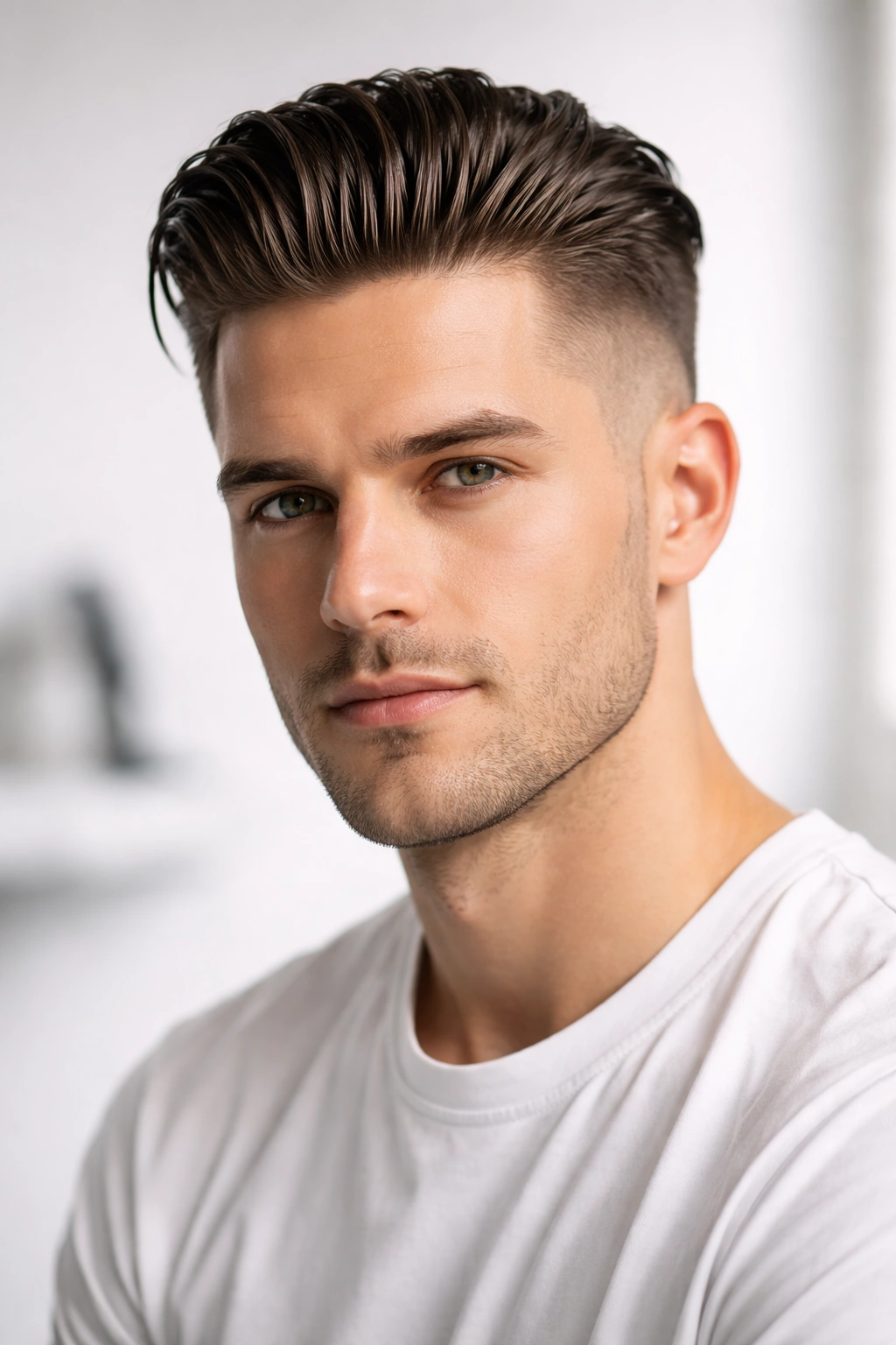 Close-up of a slicked-back undercut with long top and faded sides in clean studio light