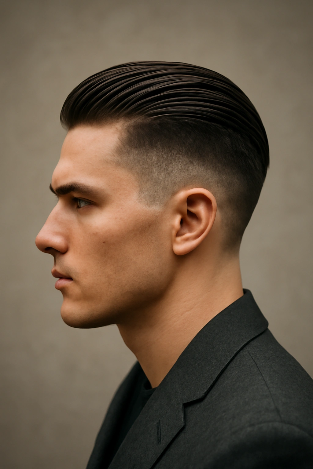 10 Hairstyles That Instantly Elevate Any Blazer Outfit 6 Close-up of Slicked-Back Undercut hairstyle with shaved sides in a blazer-ready portrait