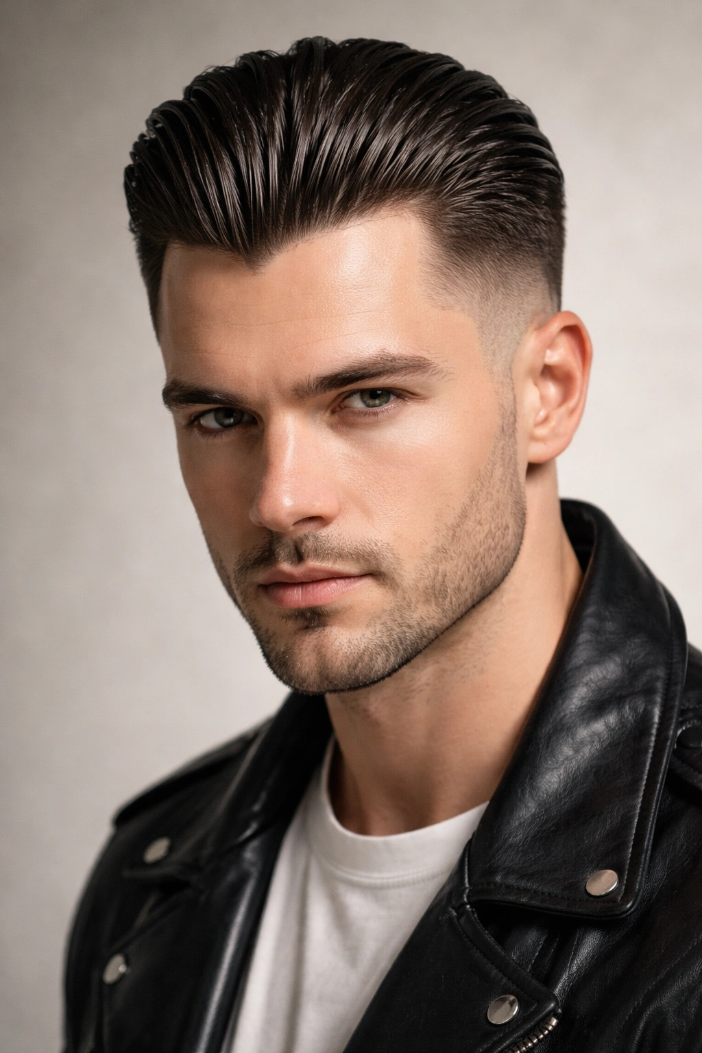 Close-up portrait of a man with a glossy slicked-back undercut and widow's peak in studio lighting
