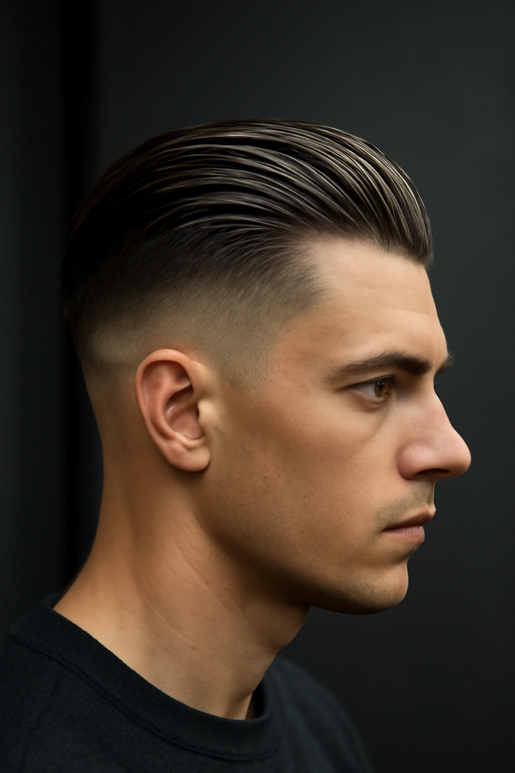 15 Sharp Short Haircuts Every Man Should Try 8 Portrait of a man with an undercut and slicked-back top, sharp contrast and clean lines.