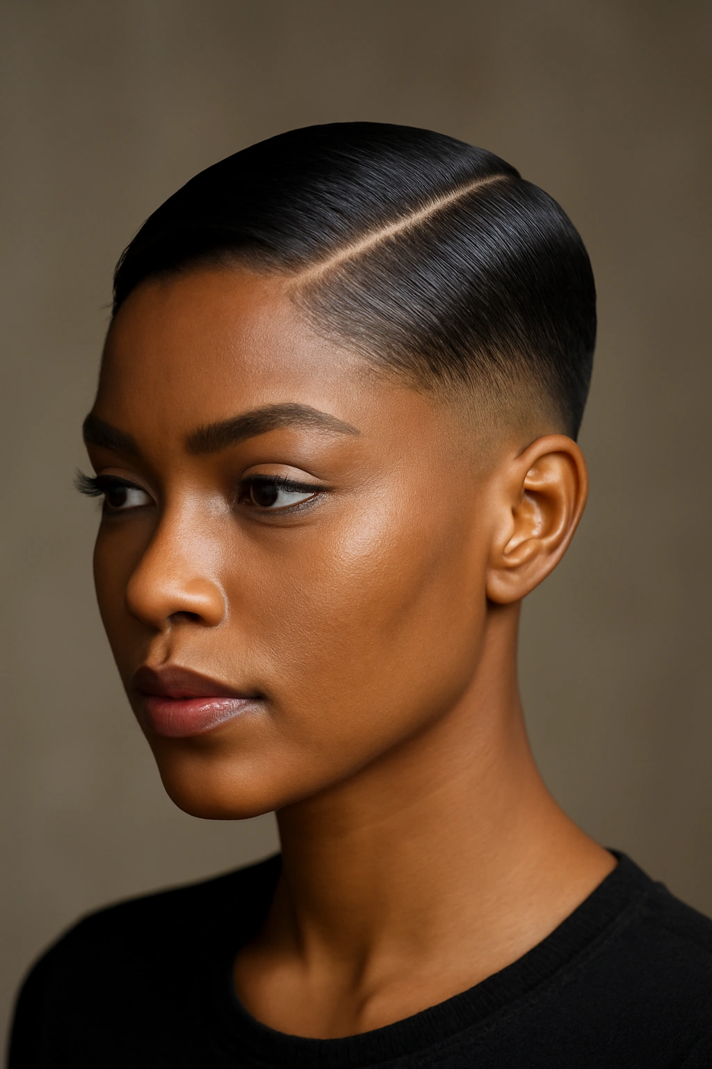 10 Middle Part Short Hairstyles for Black Women 6 Head-and-shoulders portrait of a sleek slicked-back undercut with part in a studio