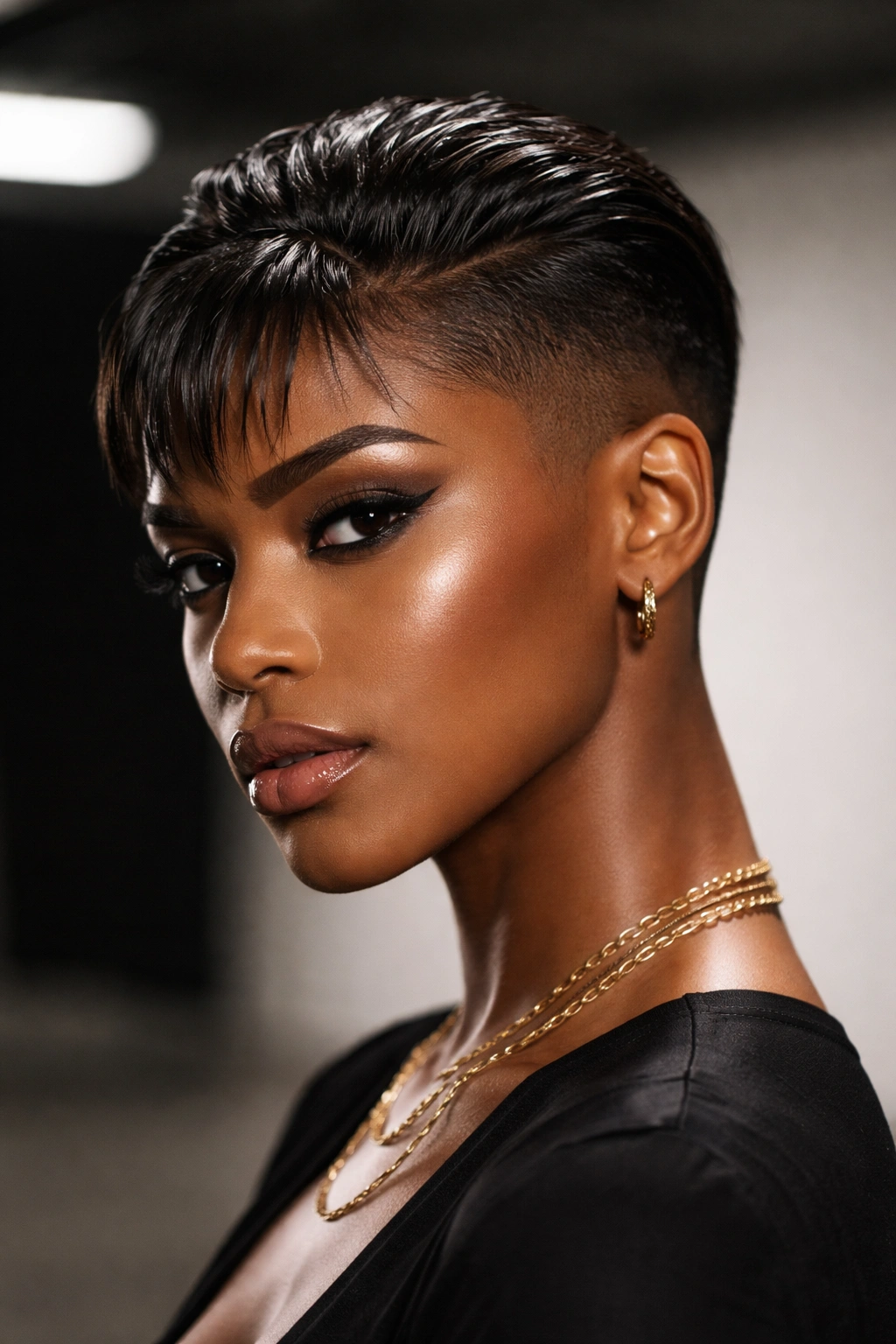 Front-angled portrait of a Black woman with slicked-back undercut and subtle bangs.