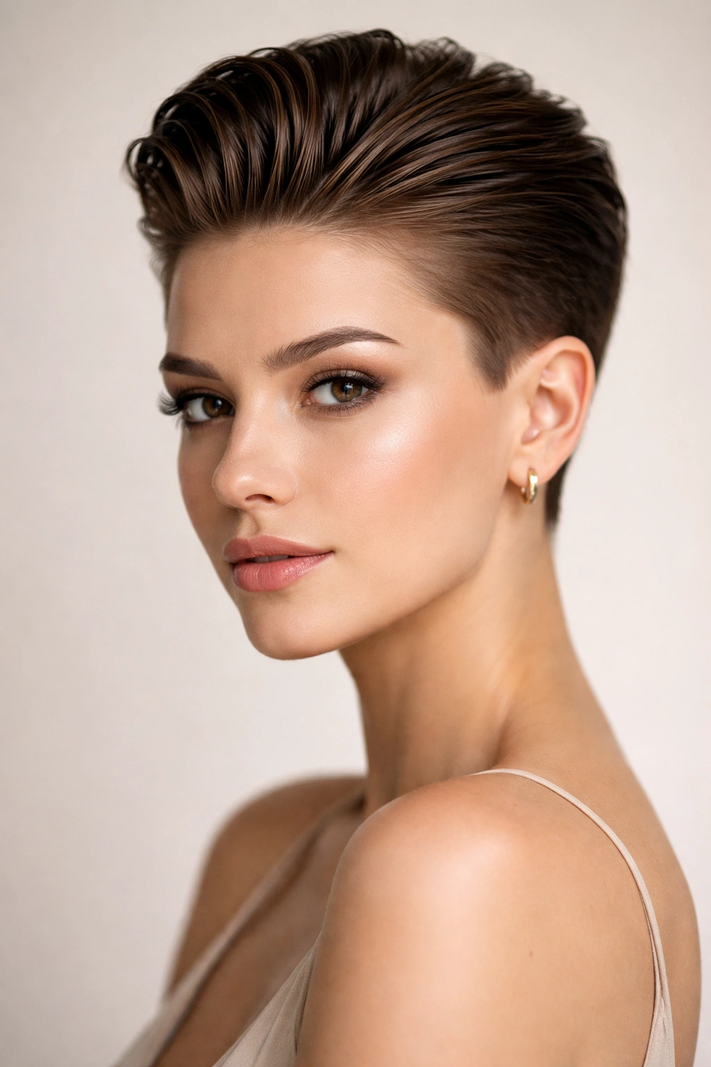 20 Very Short Haircuts That Still Look Feminine 15 Sleek short hairstyle with back-slicked hair and crown volume.