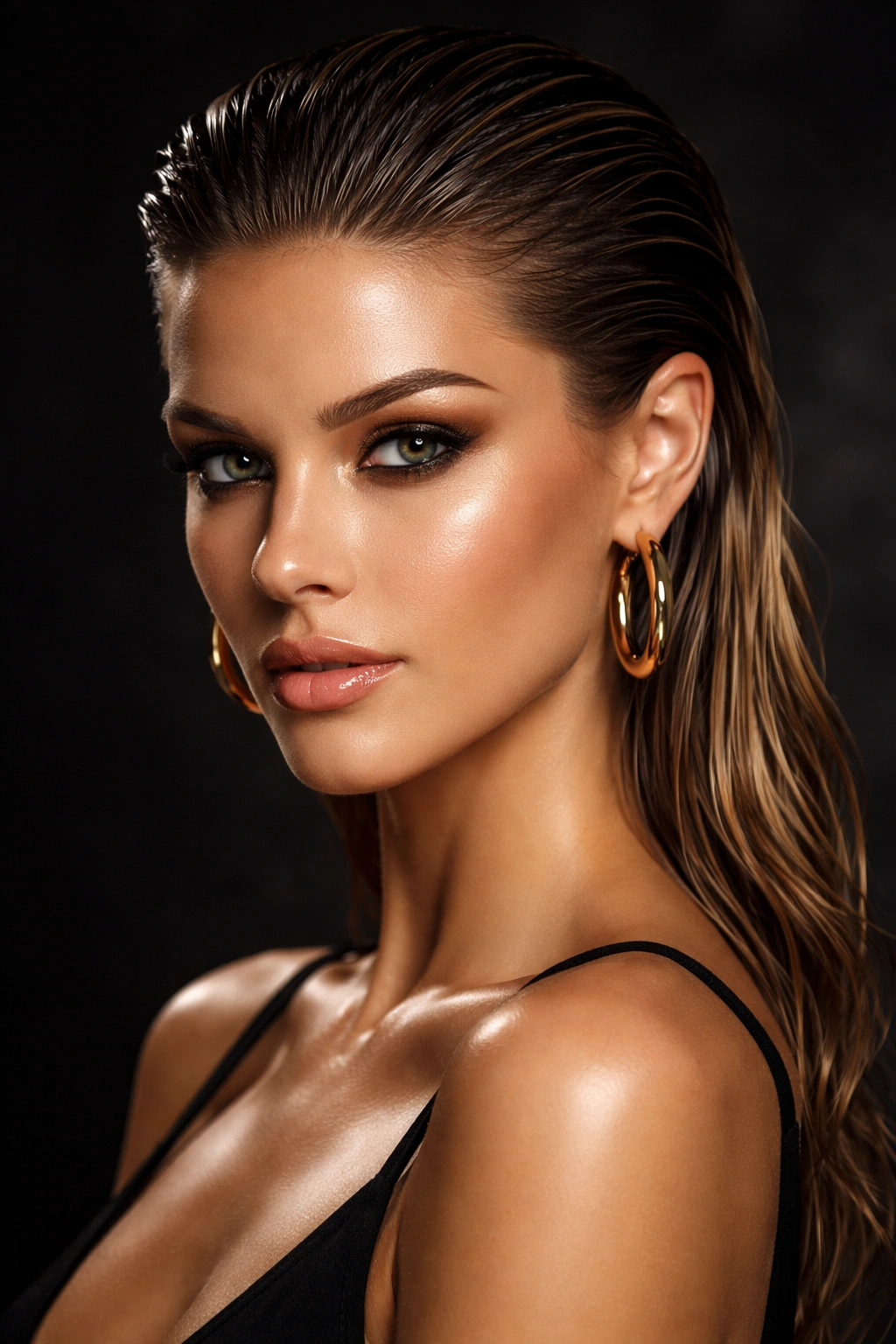 Close-up of slicked-back wet look hair with high shine