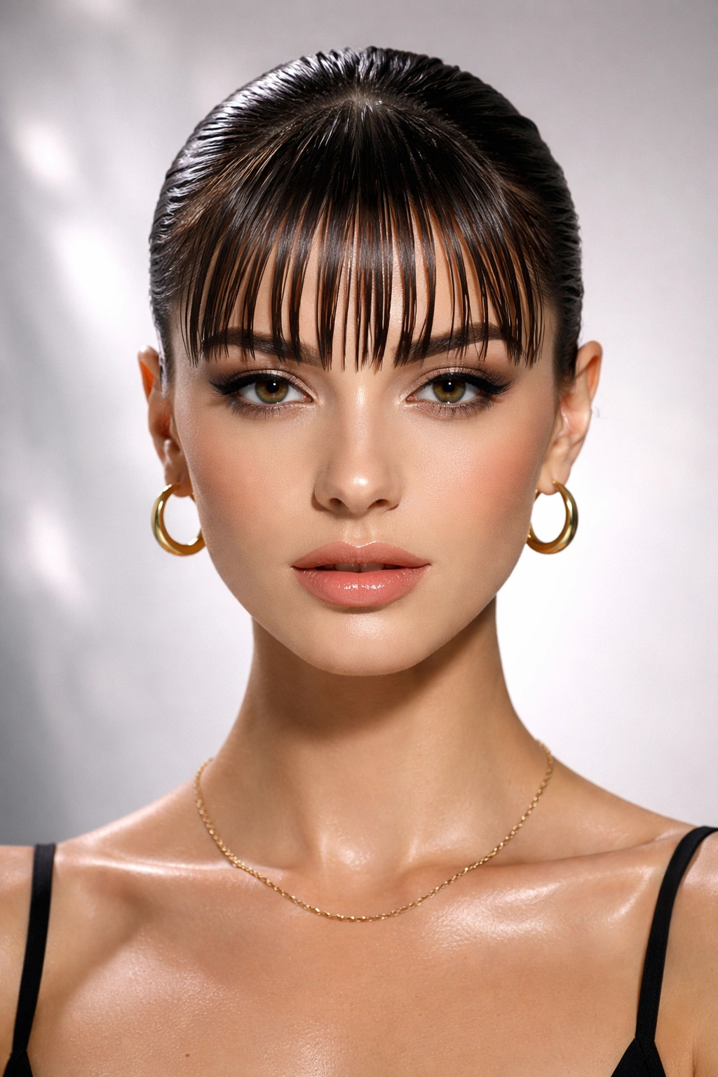 Front-facing portrait of glossy slicked-down bangs