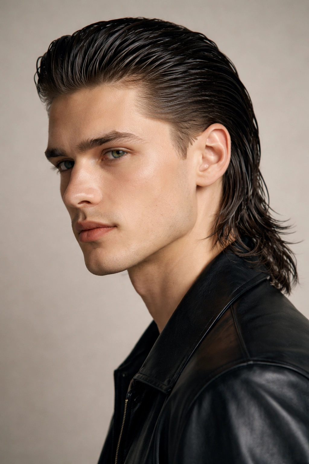 12 Straight Hair Mullet Cuts That Actually Work 12 Three-quarter view of The Slicked Mullet with Shine showing glossy, back-combed hair