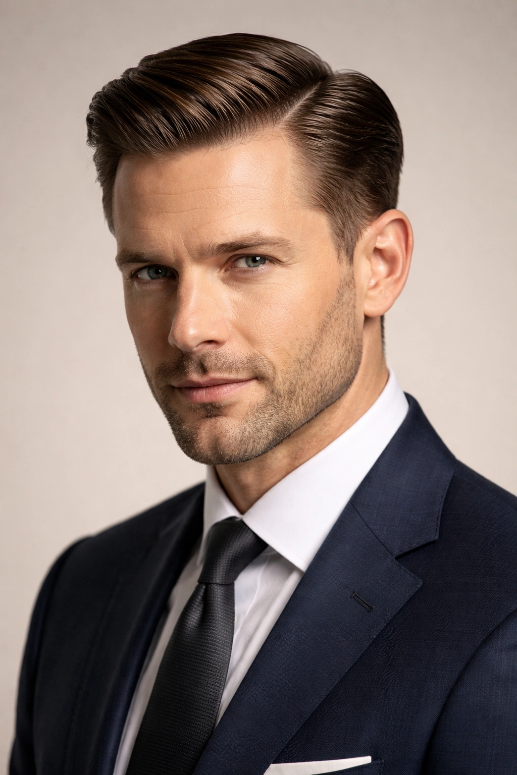 Portrait of a man with Slicked-over Side Part featuring a shiny, swept side part.