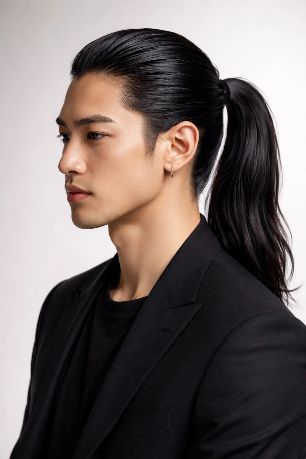 Slicked-back ponytail hairstyle on an Asian man
