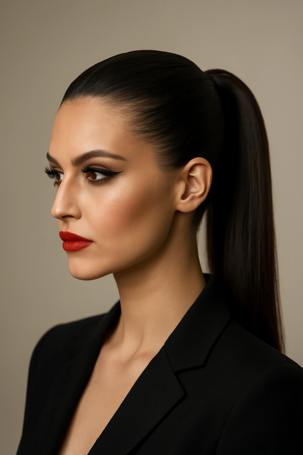 12 Polished Ponytail Hairstyles You Can Try Today 12 High-fashion slicked-back ponytail with flawless smoothness in a studio portrait