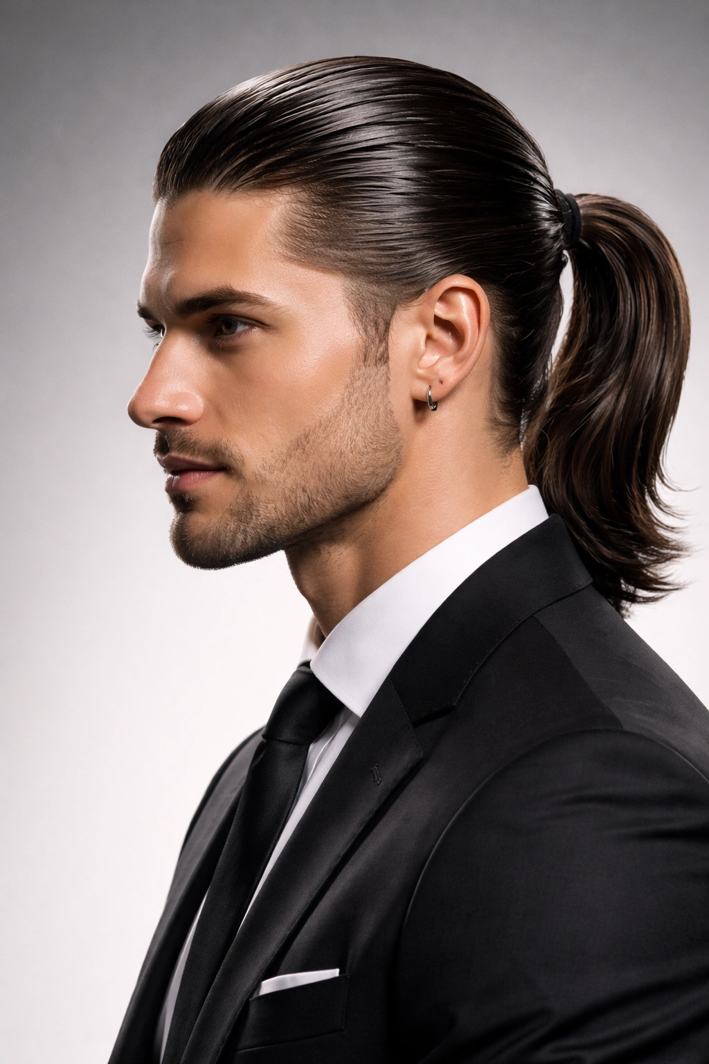 Side profile of a person with a slicked-back ponytail and glossy finish