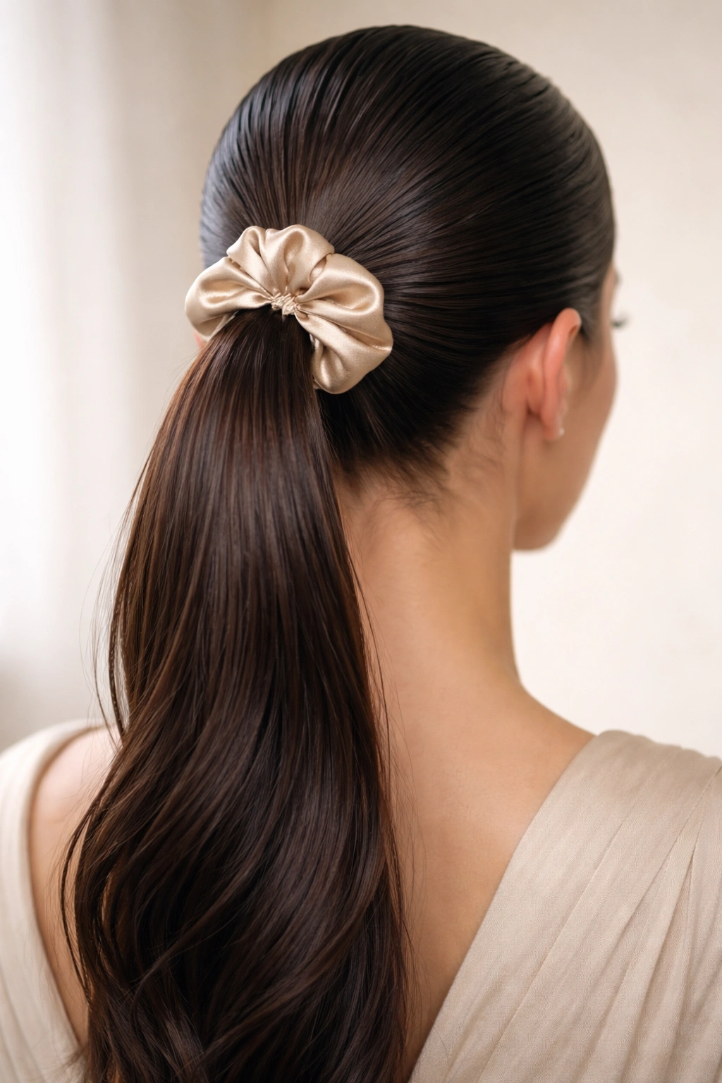 25 Slick Back Ponytail Styles for a Chic, Polished Look 25 Close-up of glossy slicked ponytail with silk scrunchie