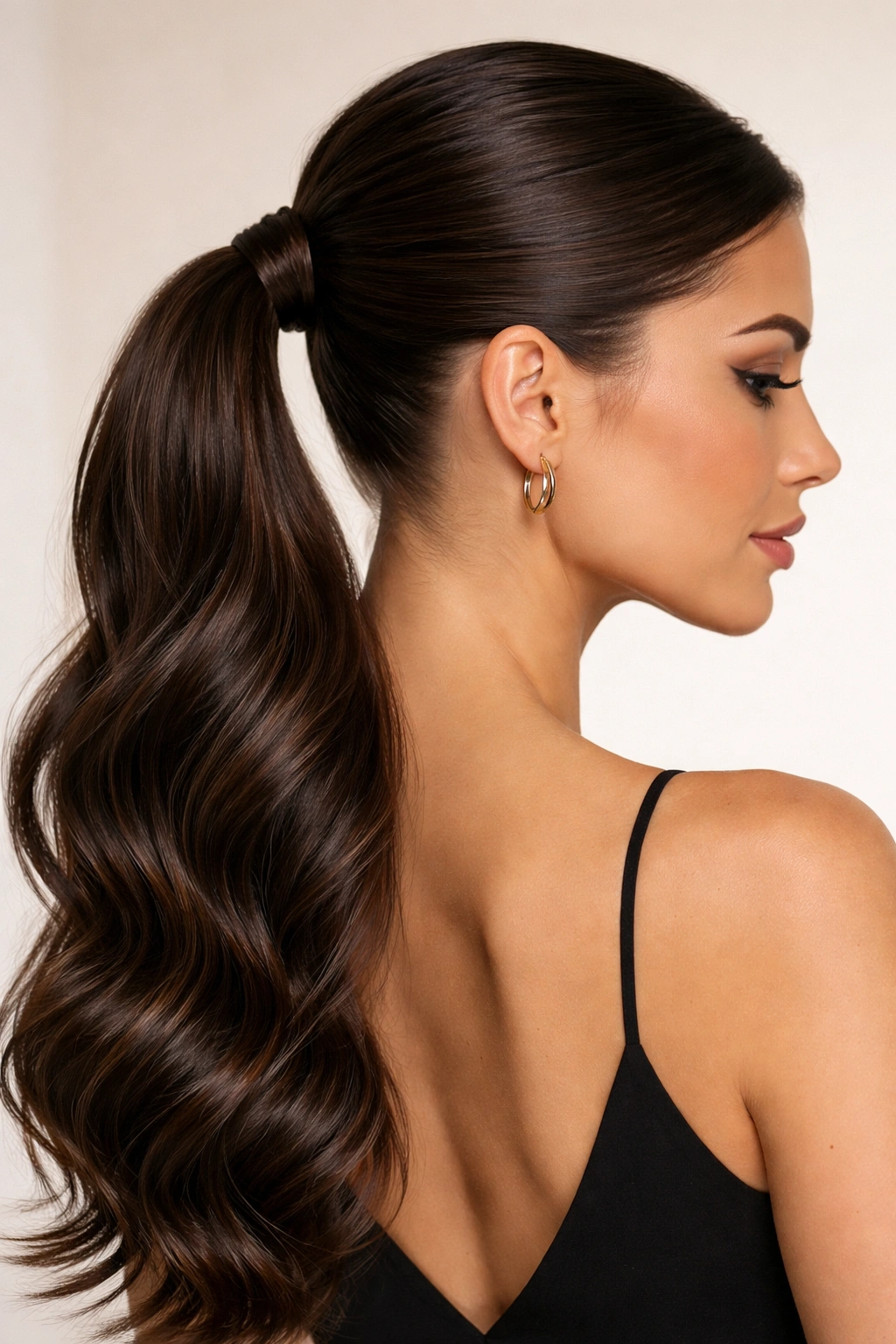 25 Slick Back Ponytail Styles for a Chic, Polished Look 13 Close-up of a low ponytail with sleek waves and smooth crown