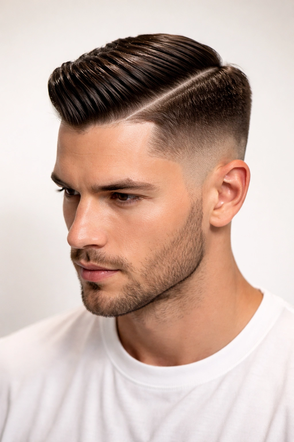 Close-up of a slicked side part with a glossy finish and a hard part