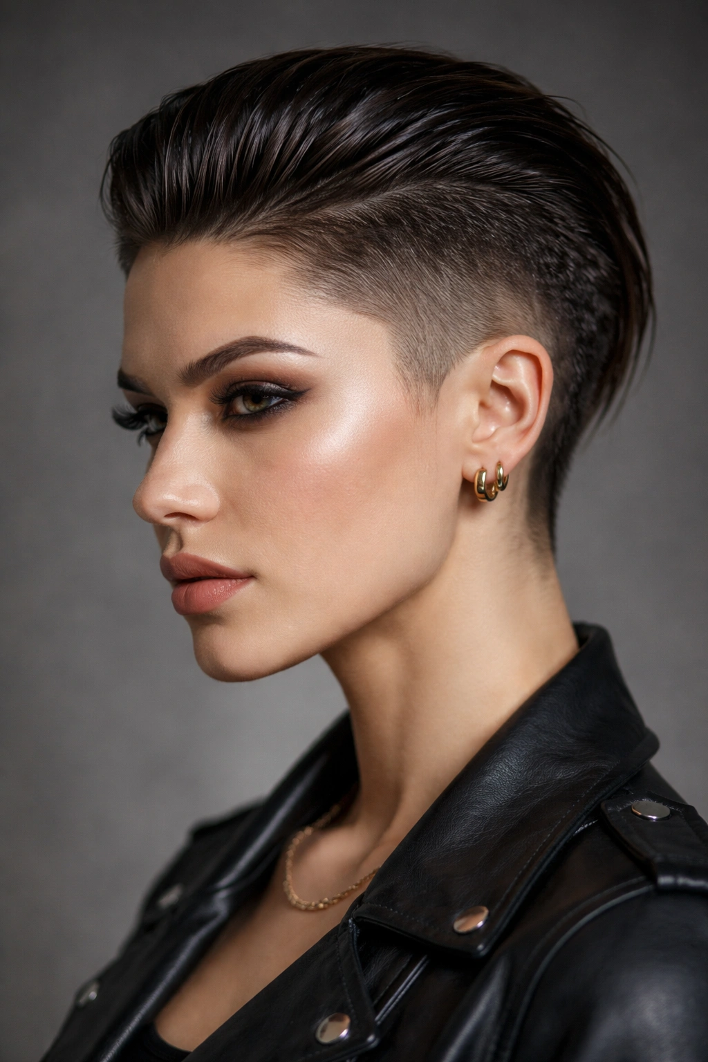 Portrait of a woman with a slicked top and textured undercut in studio lighting
