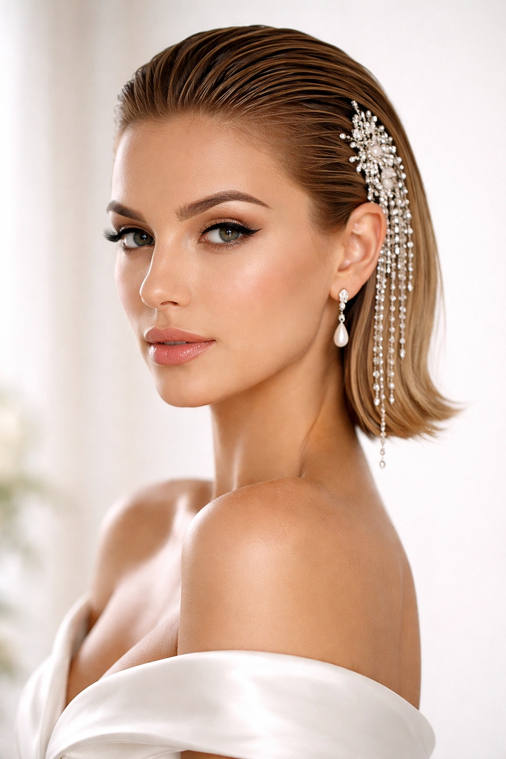 Slicked-back hairstyle with statement accessories on short hair.