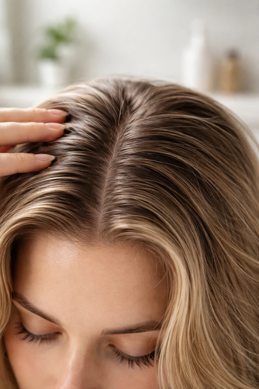 Close-up of day-old hair with subtle oil sheen indicating sebum protection before dyeing