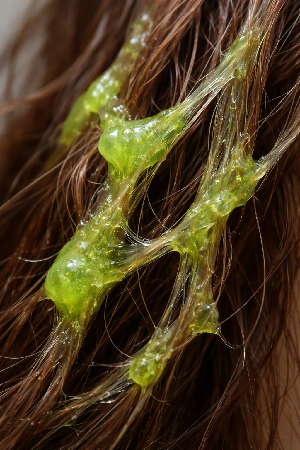 Close-up of hair with stubborn slime clinging to strands
