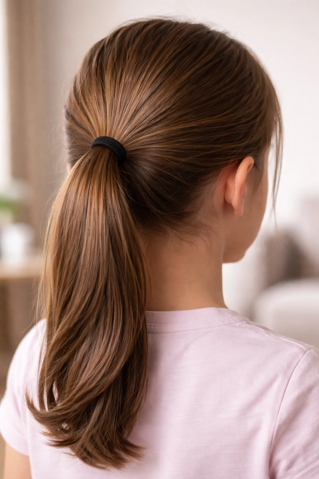 Hair tied back in a ponytail to prevent slime contact