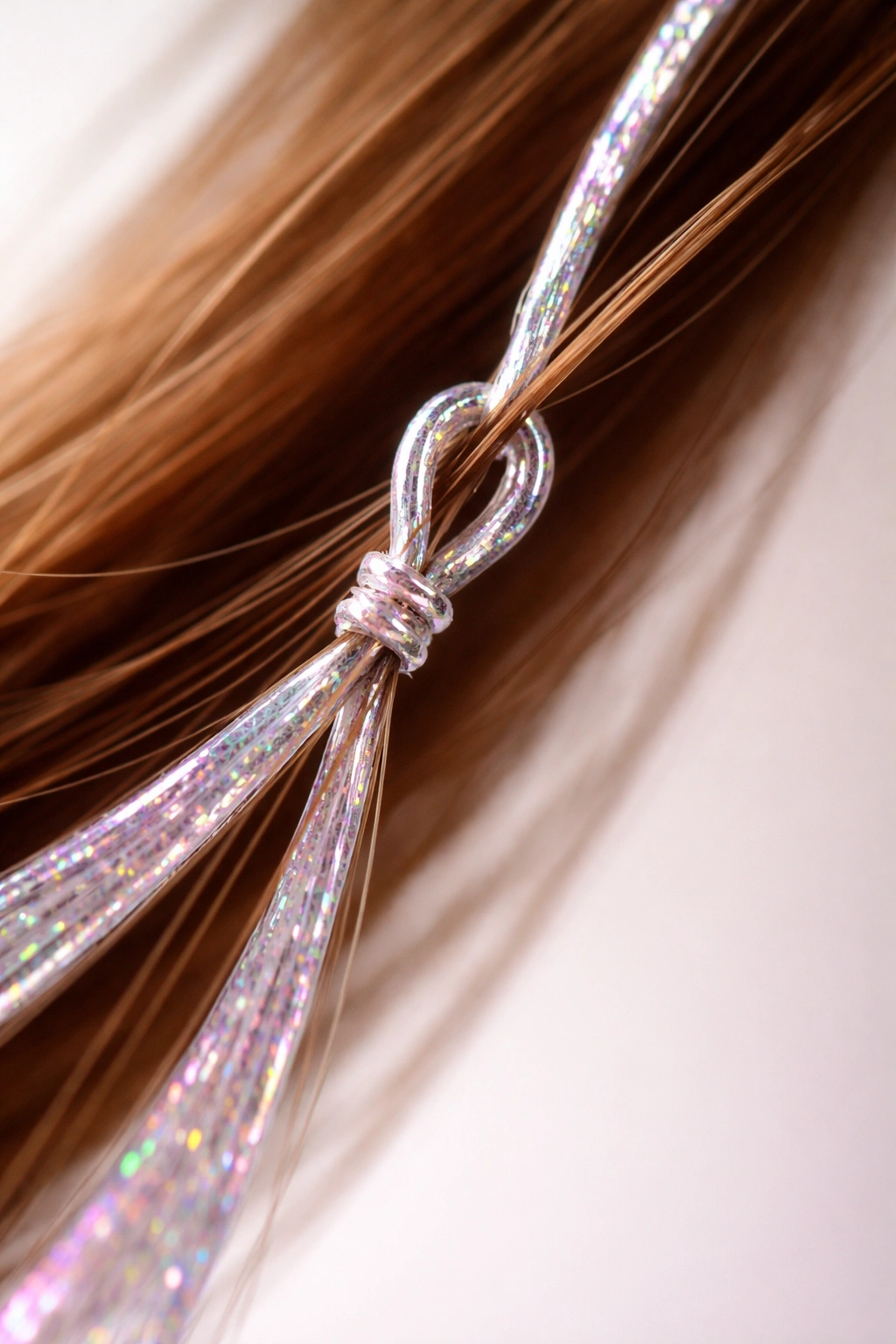 Close-up of a hair strand with tinsel loop and secured knots illustrating slip-knot technique.
