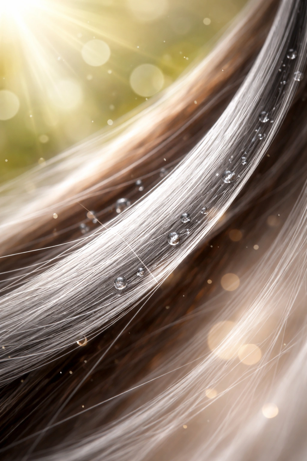 Grey hair strand with glossy hydration illustrating slowed greying through care
