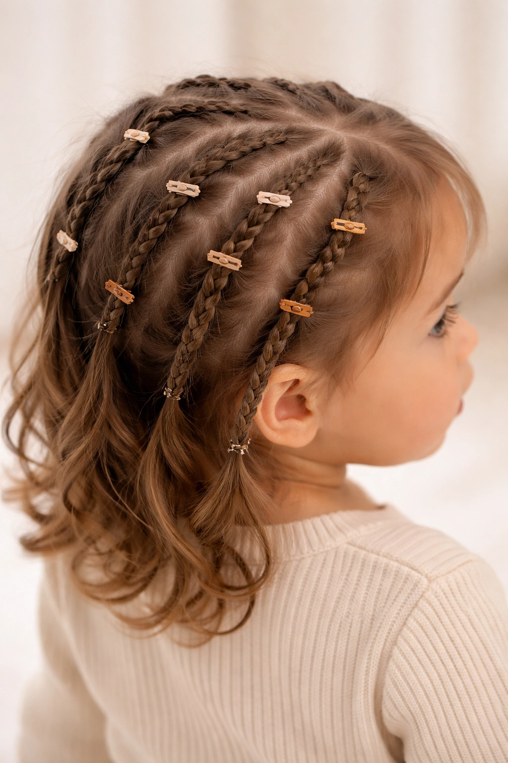 Head with multiple small braids clipped throughout