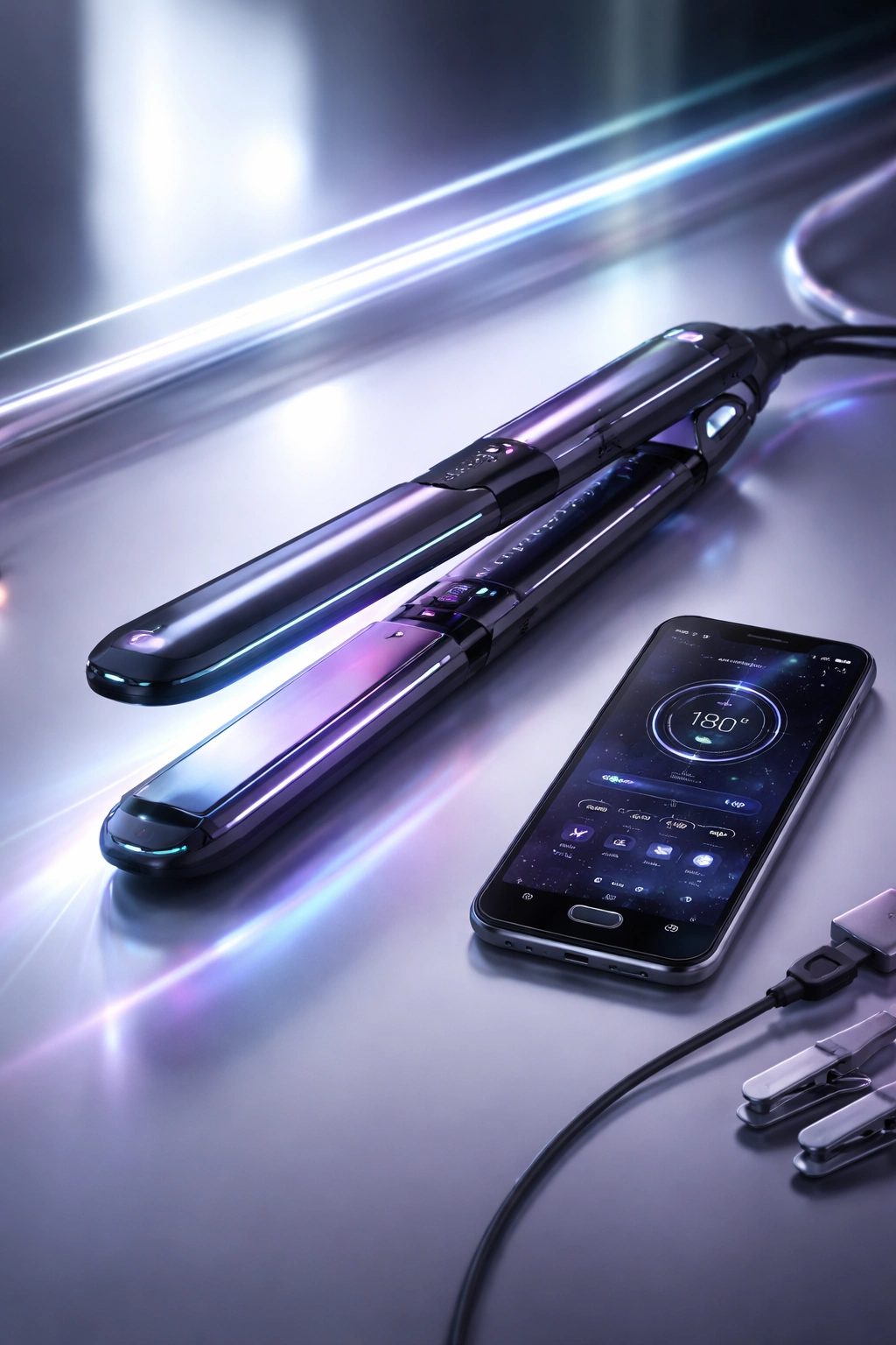 Futuristic smart hair straightener with glow effects