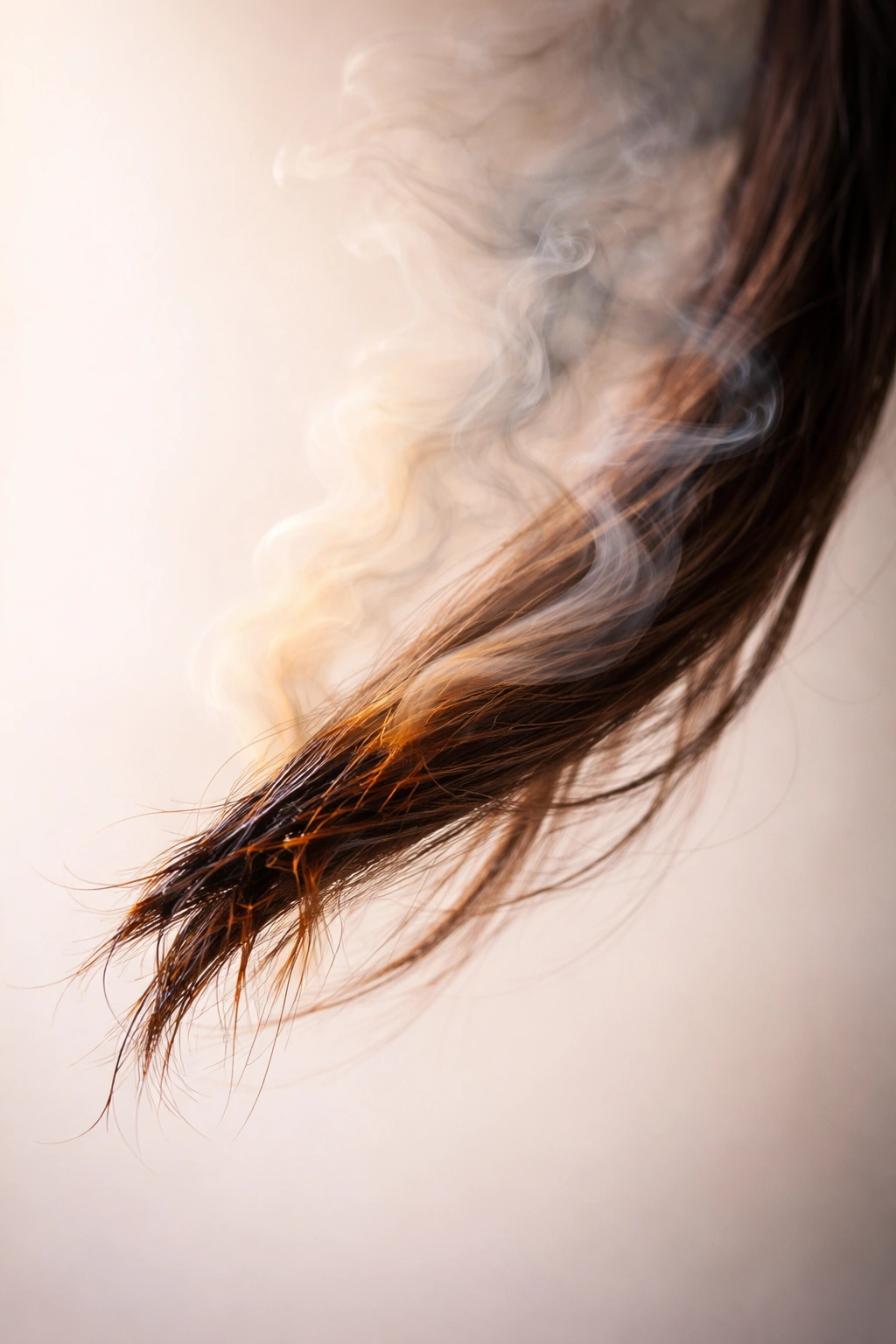 Hair strand with fading odor wisps indicating duration of burnt hair smell