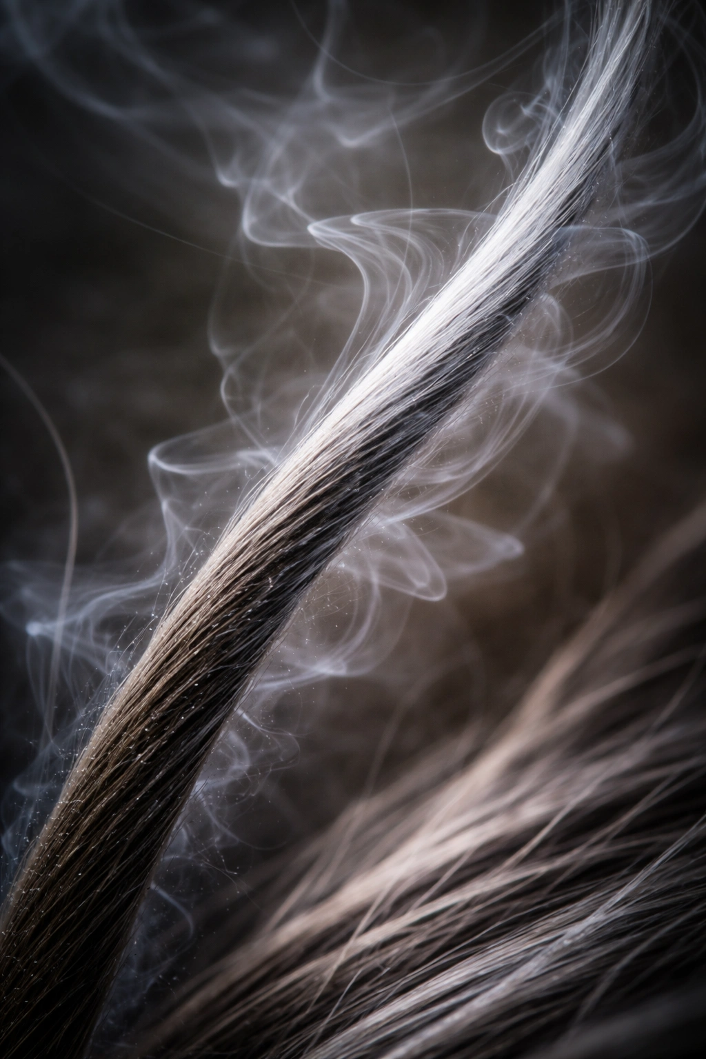Hair strand turning grey with subtle smoke in the background