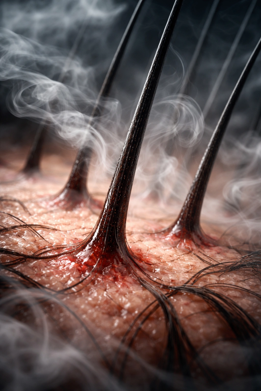 Scalp close-up with follicles and smoke haze suggesting smoking damage