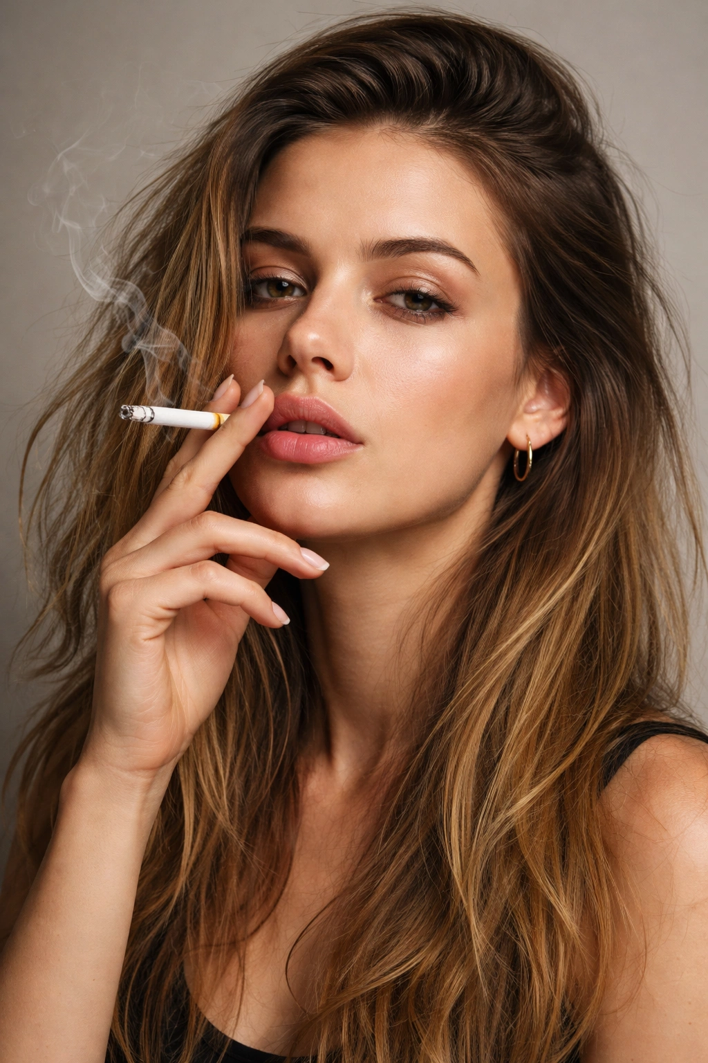 Person smoking with visible hair in a neutral setting