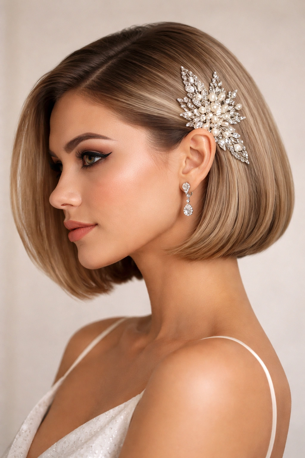Polished smooth blowout with a bold decorative hair accessory.