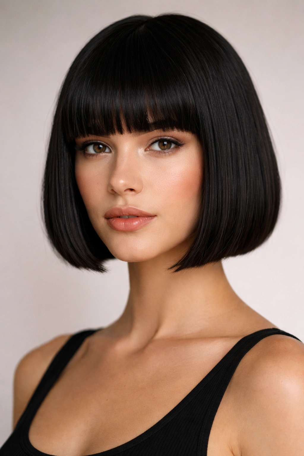 10 No Heat Short Hairstyles That Still Look Great 6 Portrait of a person with a smooth blunt bangs bob and crisp fringe