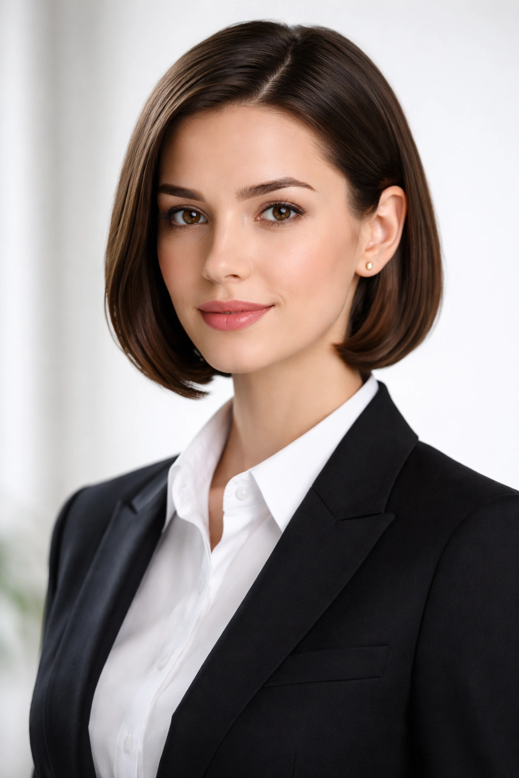 Portrait of a person with a smooth bob tucked behind the ears, ears visible and polished