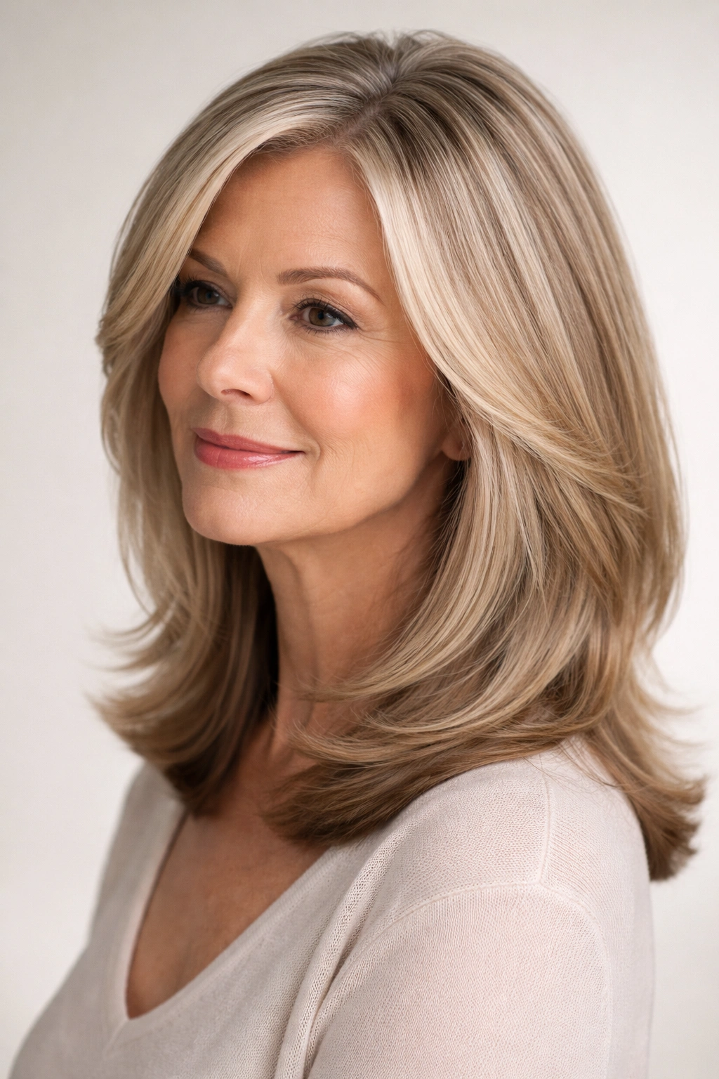 Close-up of smooth blended layers on mid-length hair with a sleek shine