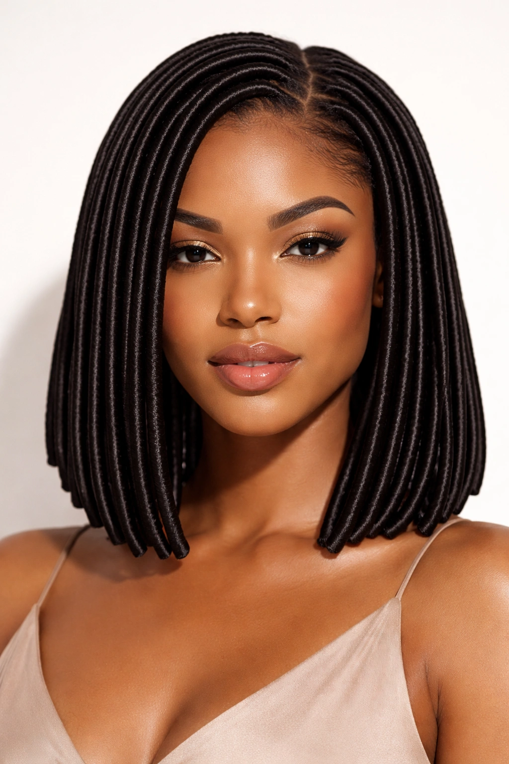 Front view of ultra-smooth, cylindrical locs with no flyaways