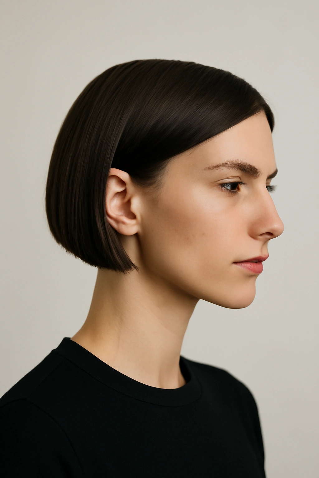 Close-up of a woman with a smooth, single-length minimalist crop