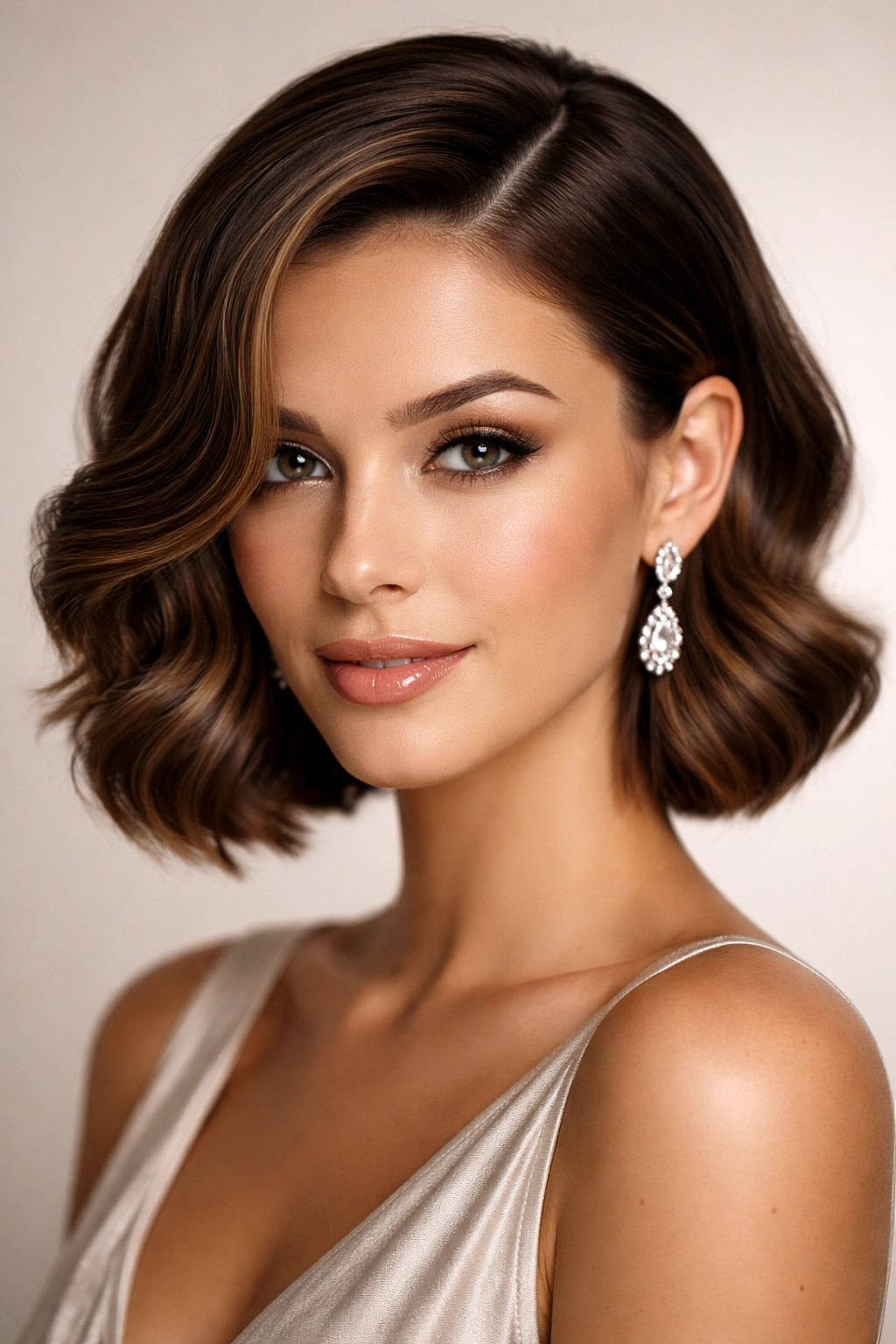 Bob-length short hair with deep side part and smooth glossy waves