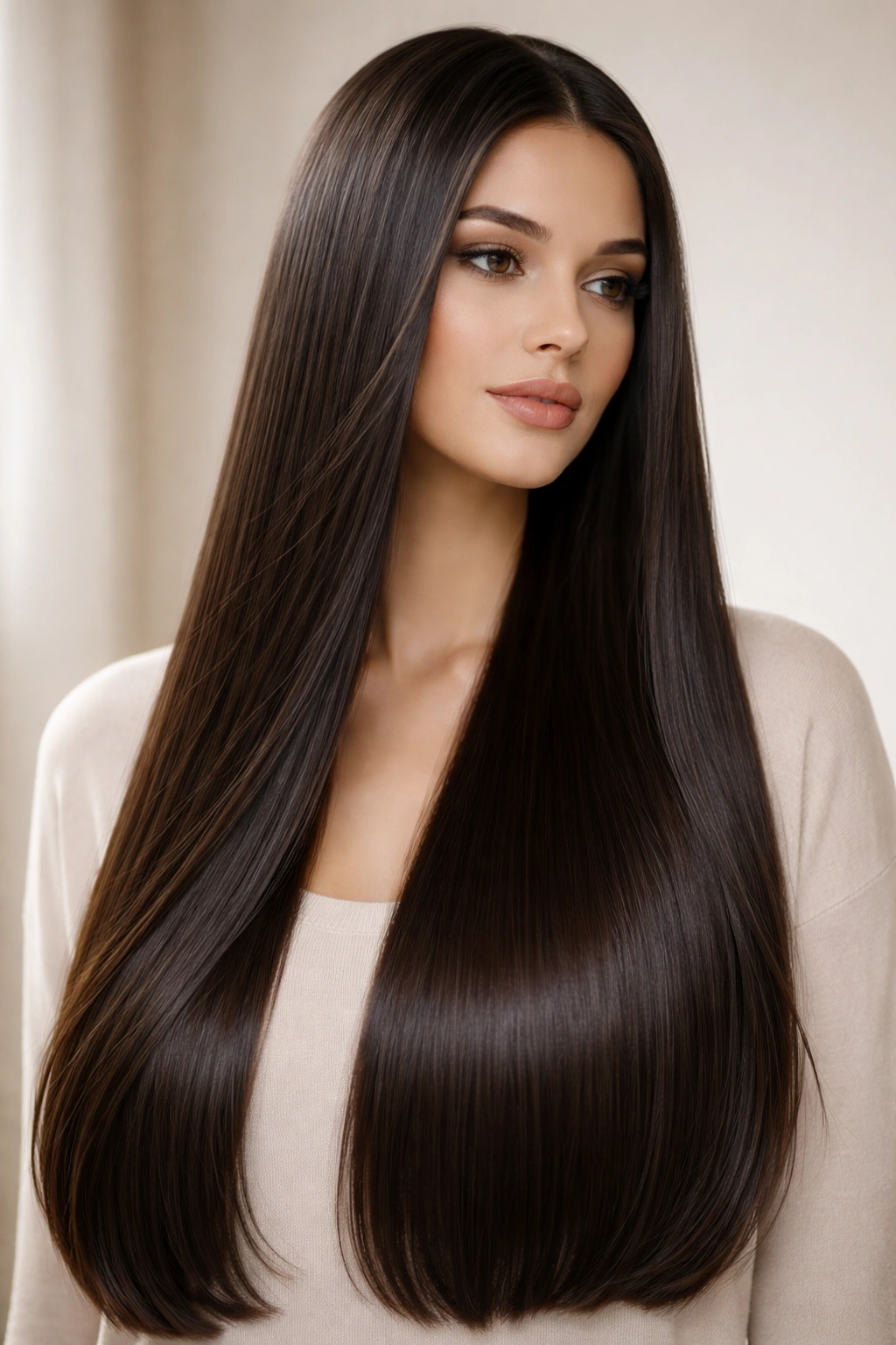 15 Polished Hairstyles That Look Put Together 7 Close-up of smooth, straight hair with high-gloss shine