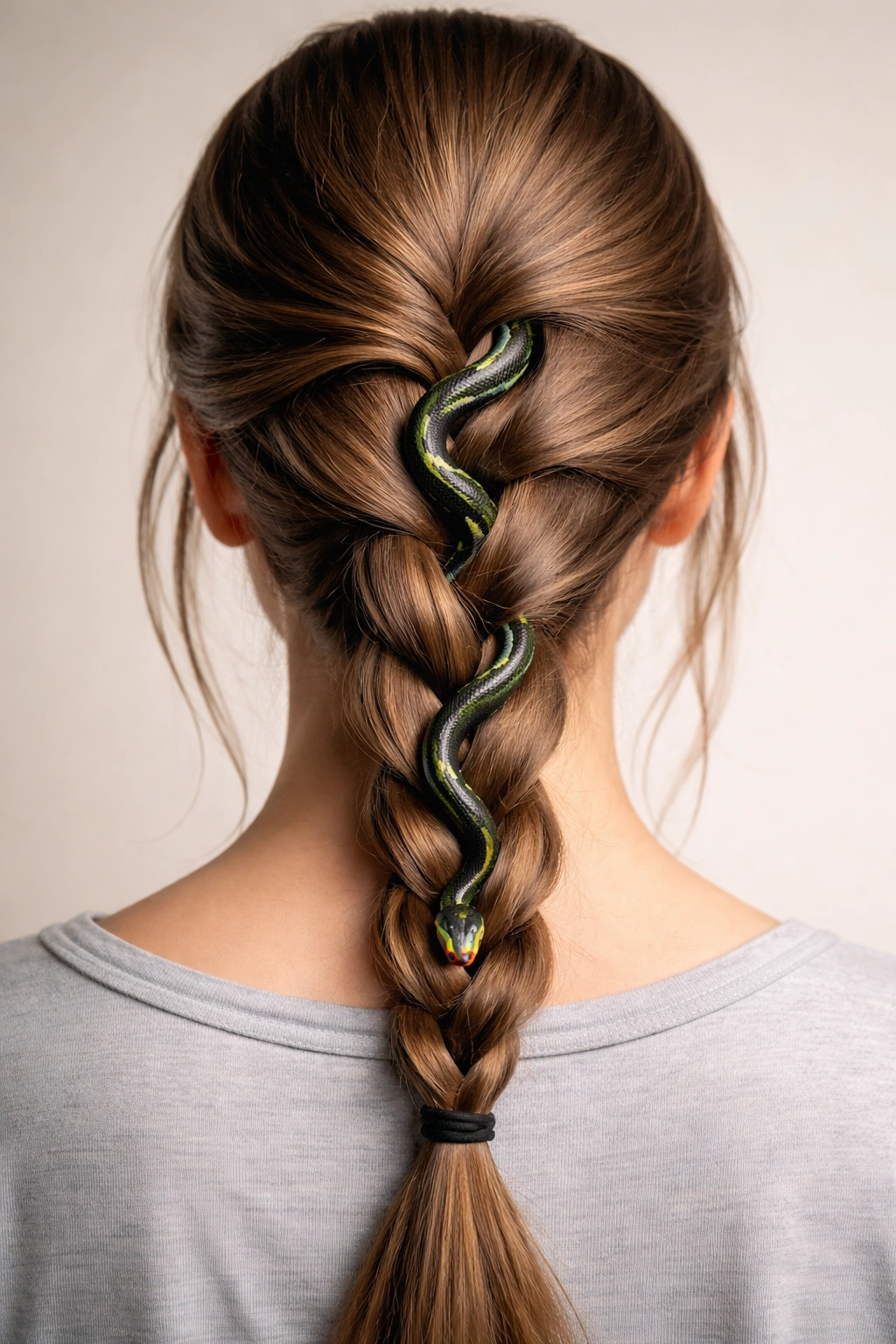 Braid with small toy snake woven through, subtle Halloween vibe