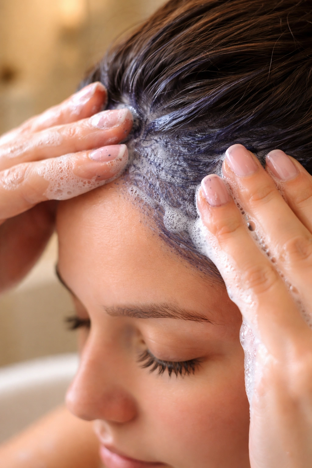 Foamy cleanser on stained skin during washing