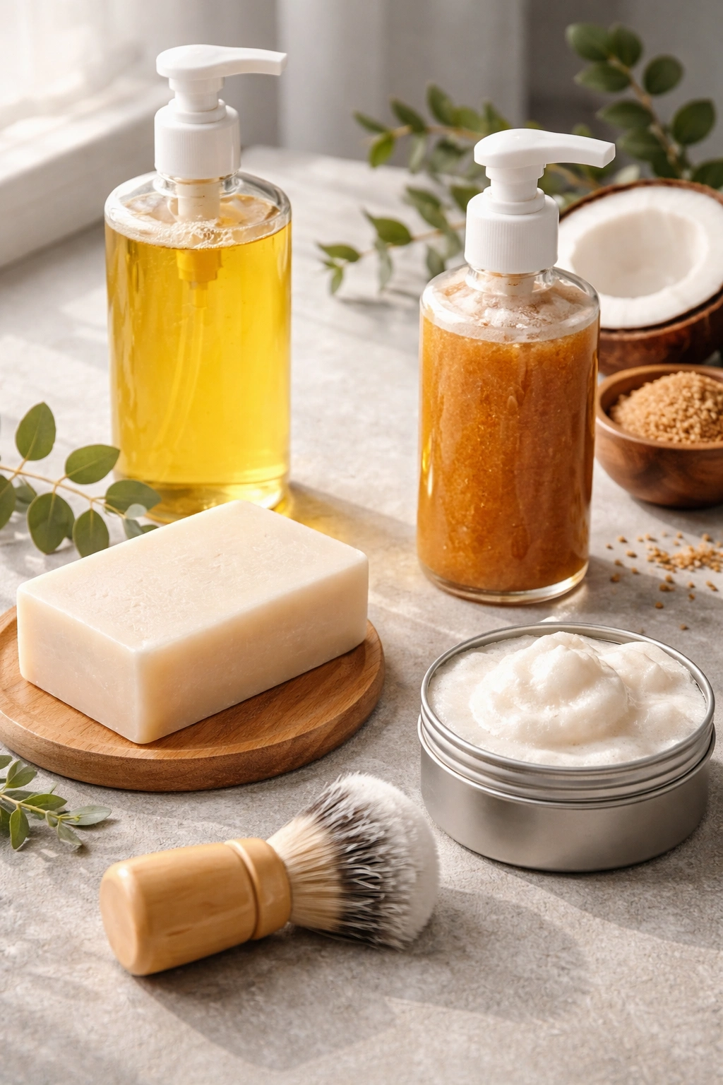 Four unlabeled soap forms arranged on a neutral surface to illustrate different soap types