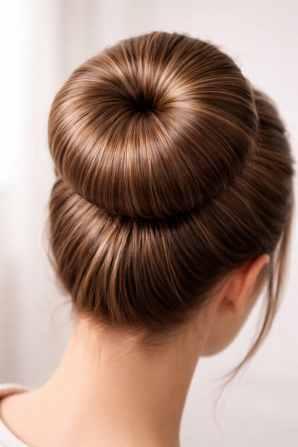 Close-up of a round sock bun formed with a donut sock, neat and smooth