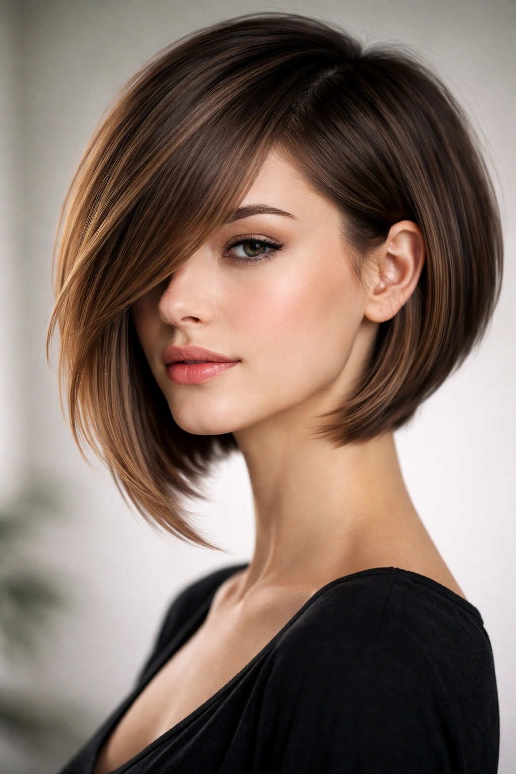 12 Asymmetrical Bobs From Subtle To Statement 4 Portrait of a soft angled asymmetrical bob with longer bangs framing the face.